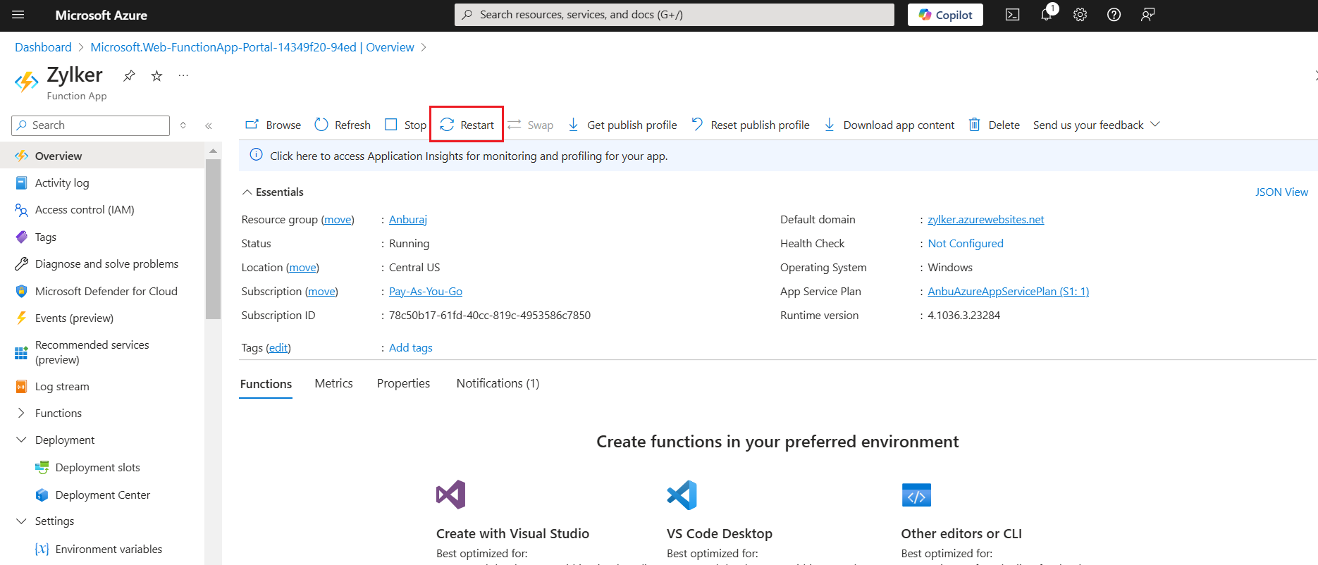 重启 Azure 函数应用
