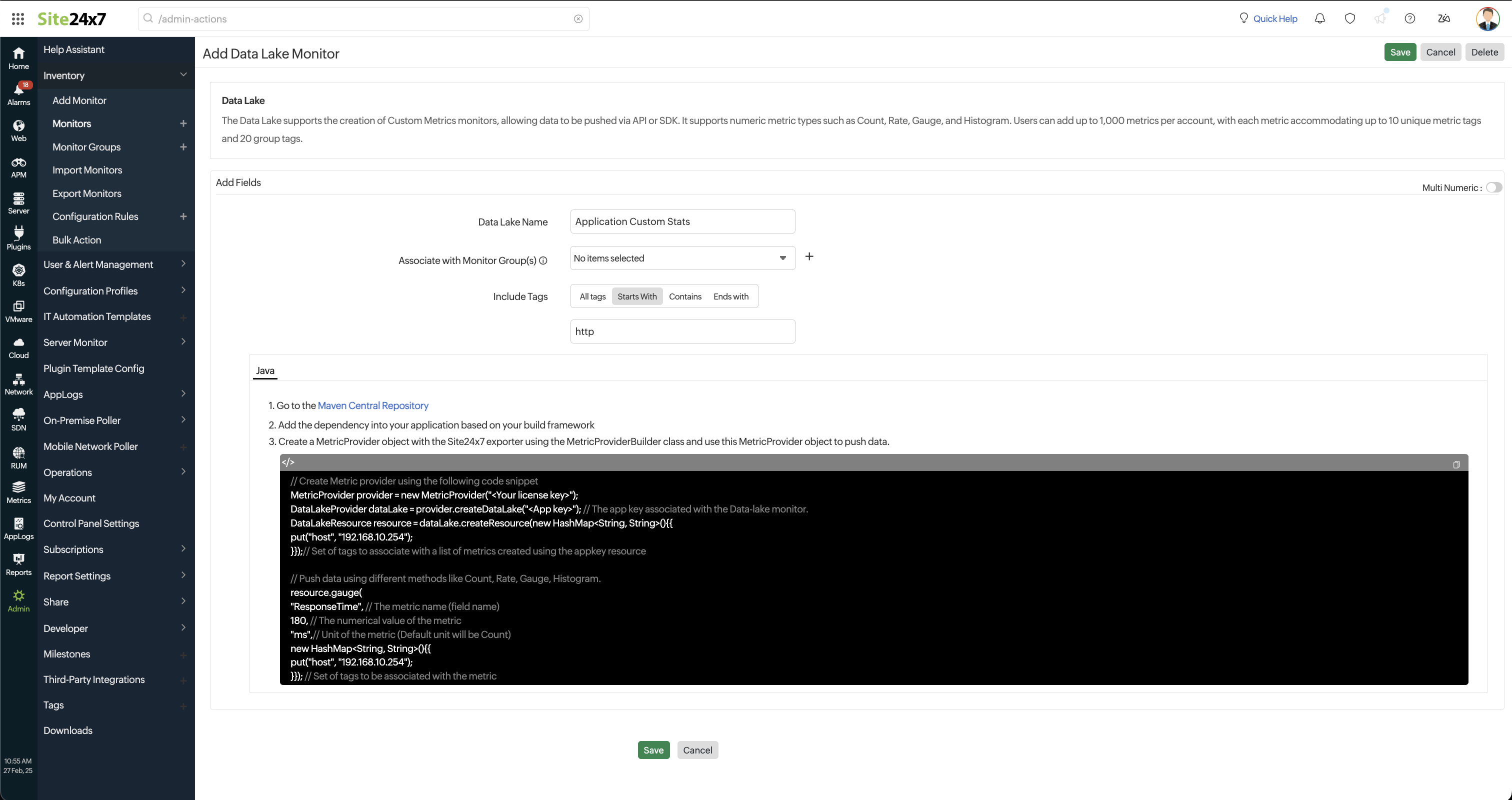 添加 Data Lake 监视器页面