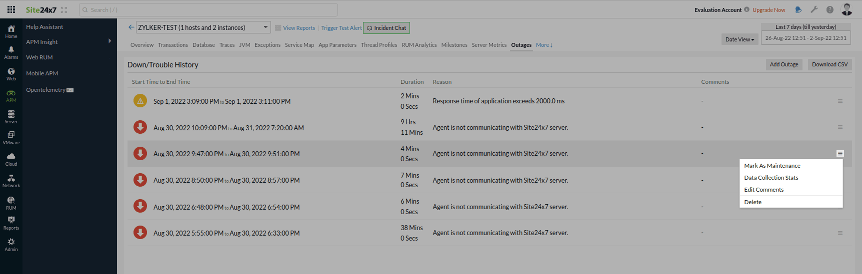 apm-data-stats-outages 中断 - 汉堡图标选项