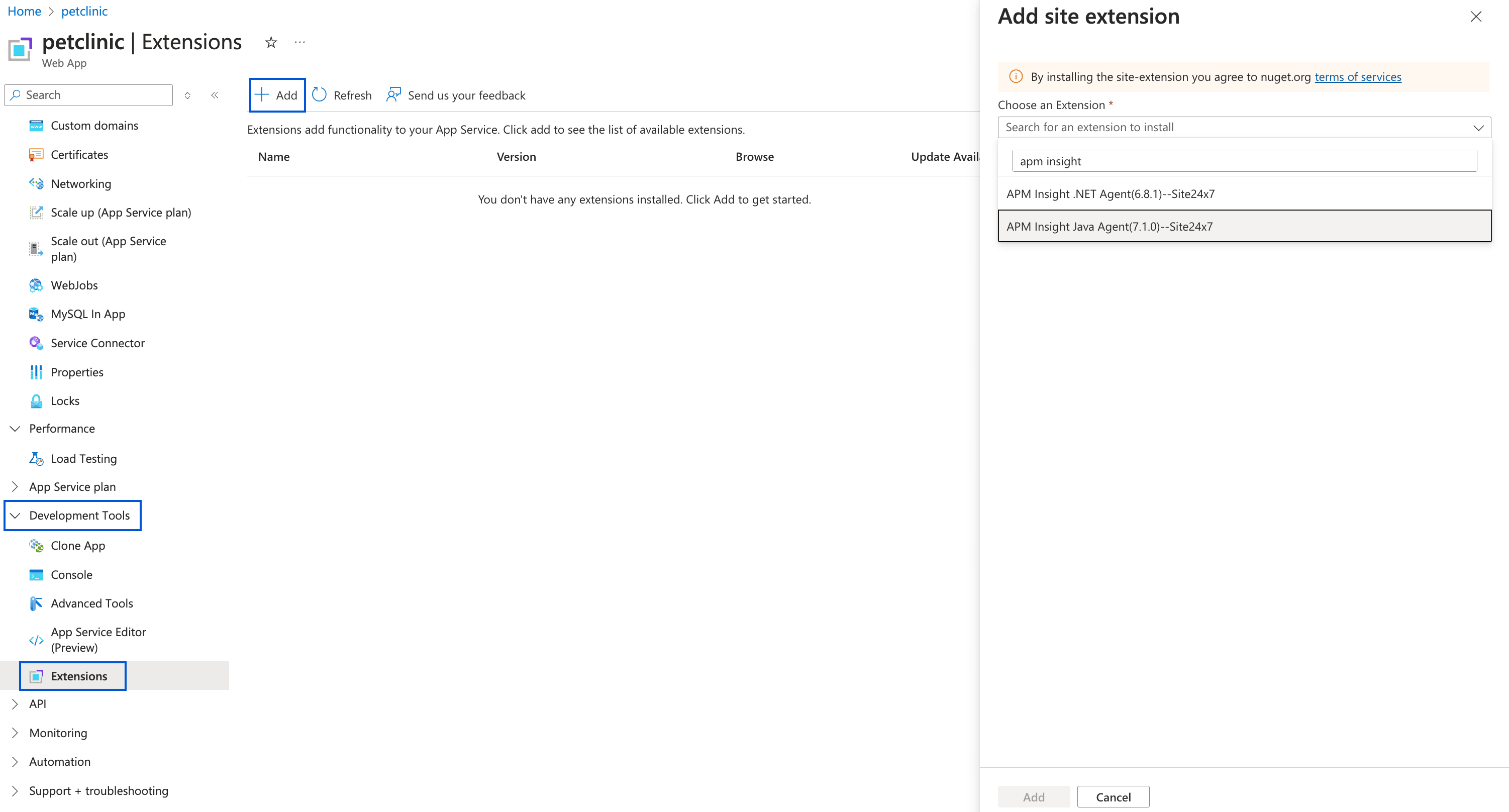 Azure App 中的开发工具