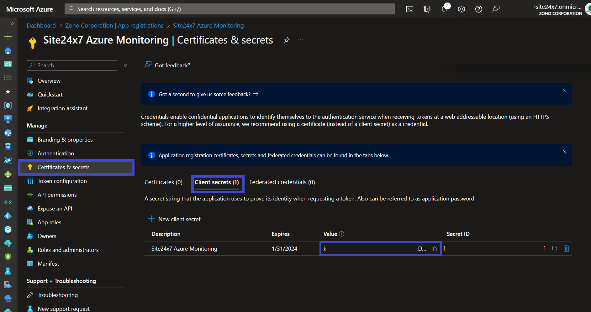 Azure 门户中的客户端密钥页面