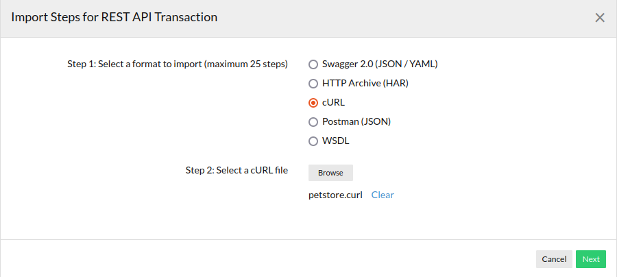 使用 cURL 导入 REST API 事务步骤
