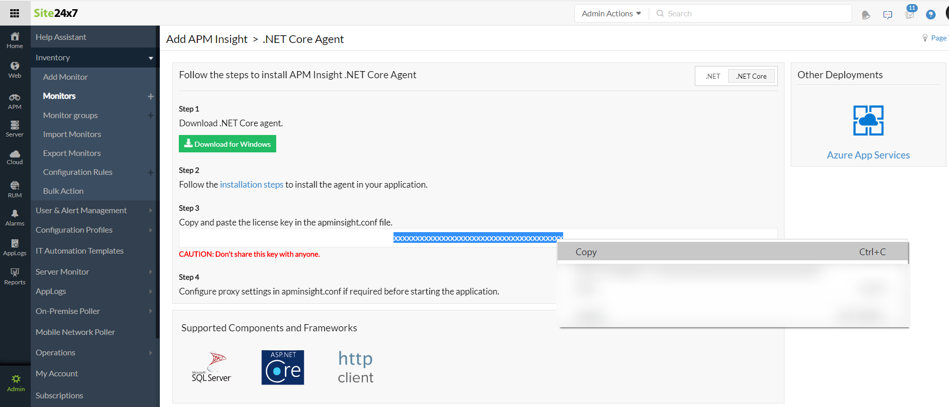 Install Core agent in Azure Service Fabric Online Help Site24x7