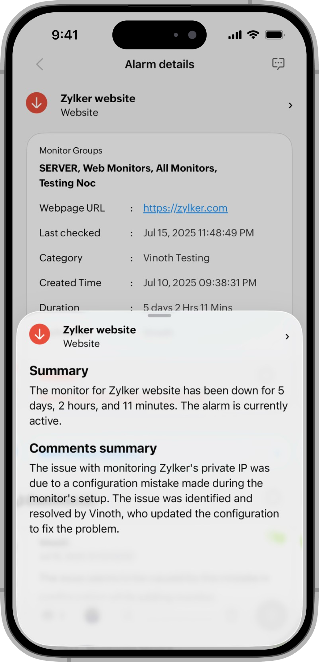 Alarm details comment summary 告警详情评论摘要