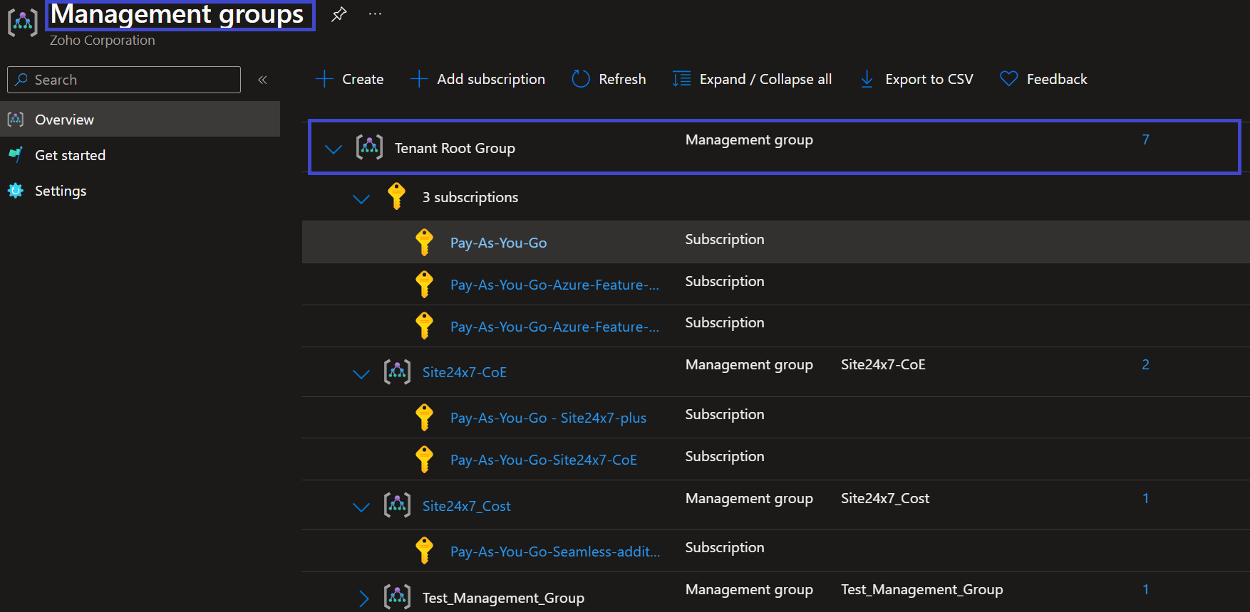 管理组中的 Azure 门户视图