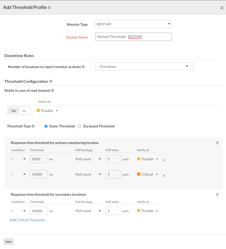 了解如何为 REST API 监视器配置阈值相关设置