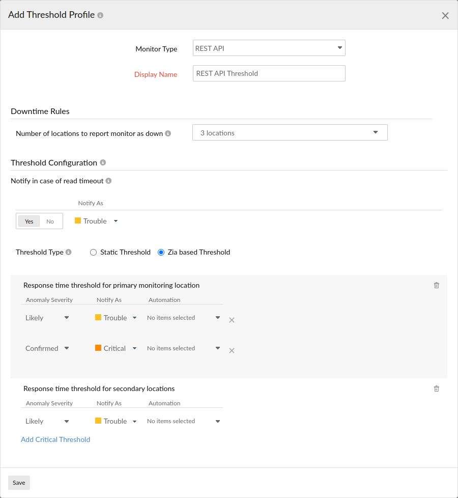 了解如何为 REST API 监视器配置阈值相关设置