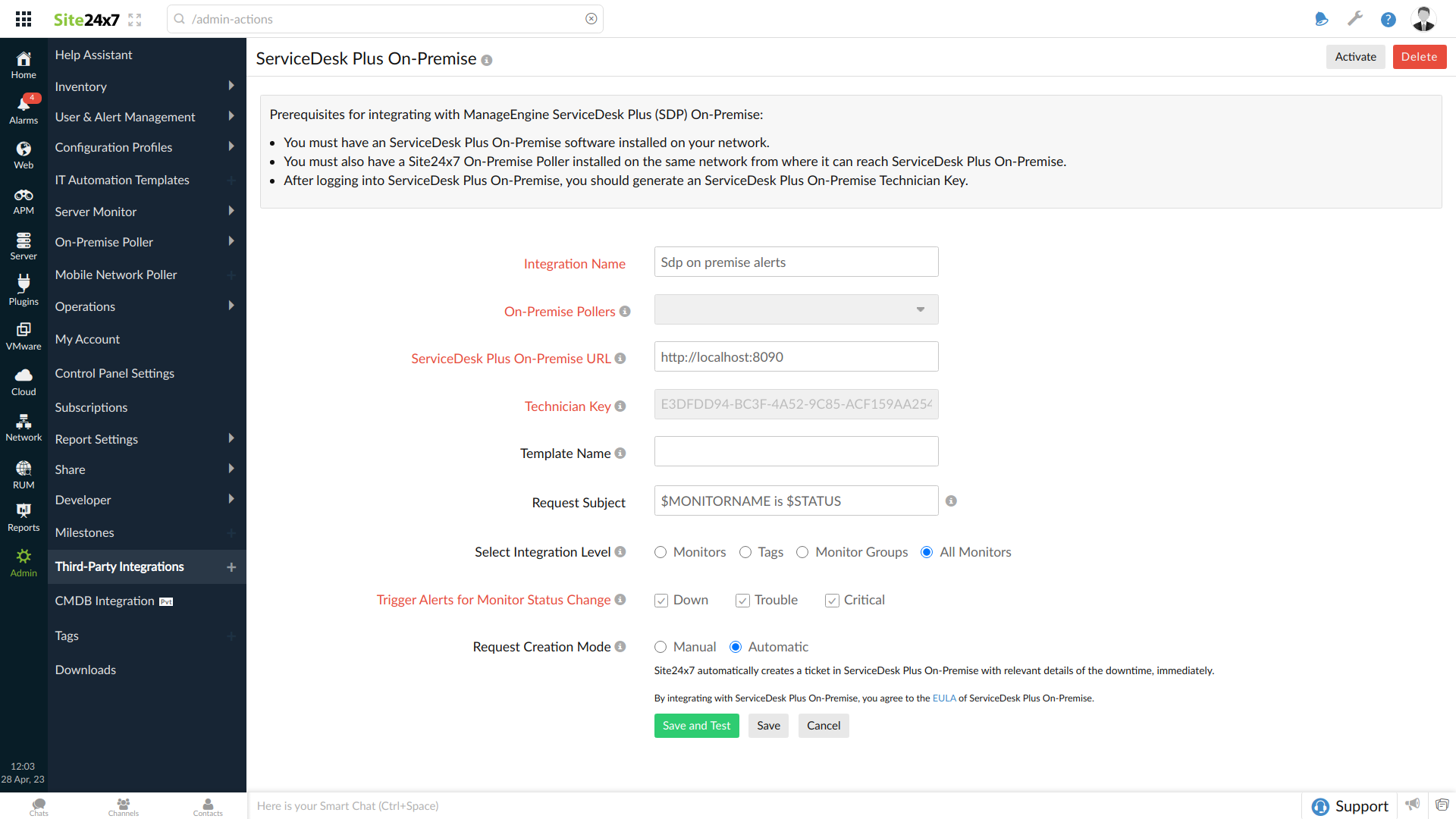 sdp-on-premise-integration sdp-on-premise site24x7 integration