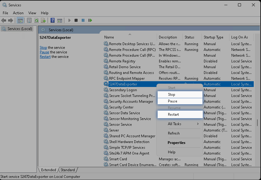 stop-pause-restart DataExporter manage (Windows)