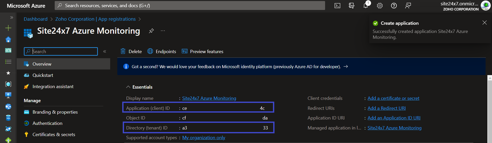 Azure 中的租户 ID 和客户端 ID 页面